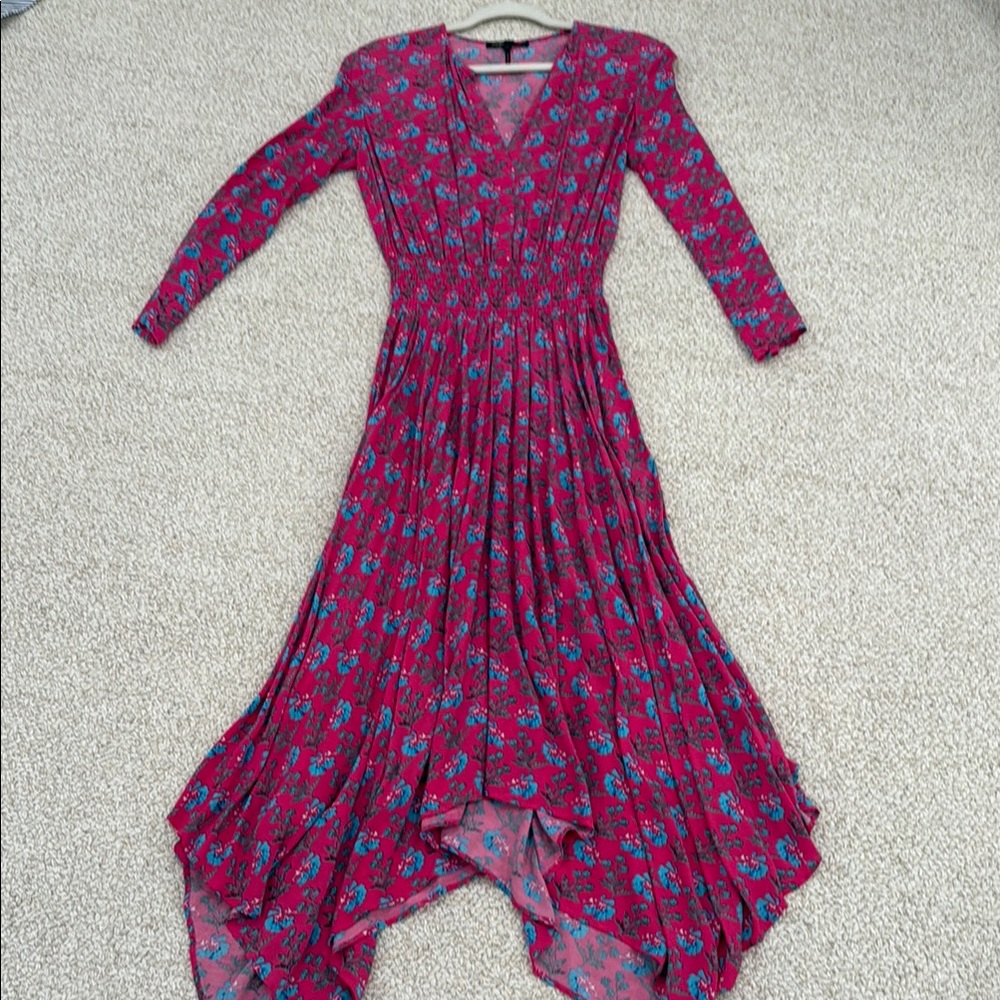 Maje Rayina Floral V-Neck Long Sleeve Maxi Dress - Pink and Blue Size 1